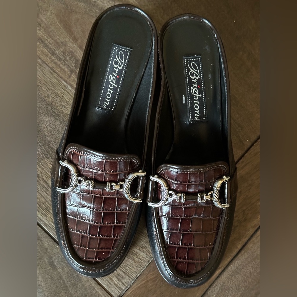 Brighton Austen Mules Brown Croc And Black Leather Open Back Slip On Sz 5 - Picture 4 of 13